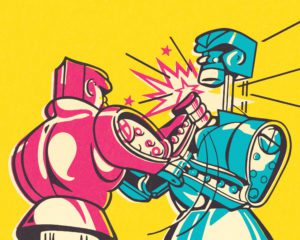 Two robots, one pink and one blue, in a boxing match with comic-style impact lines.