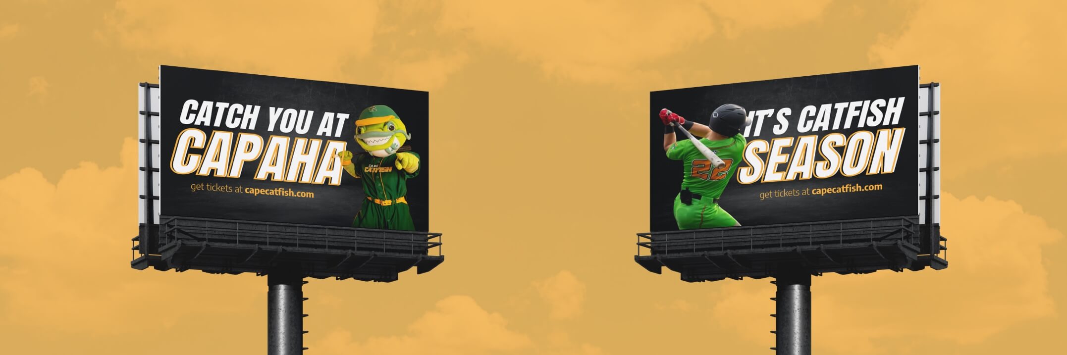 Two Cape Catfish ads: left shows mascot 'CATCH YOU AT CAPAHA'; right shows player swinging bat 'IT'S CATFISH SEASON'.