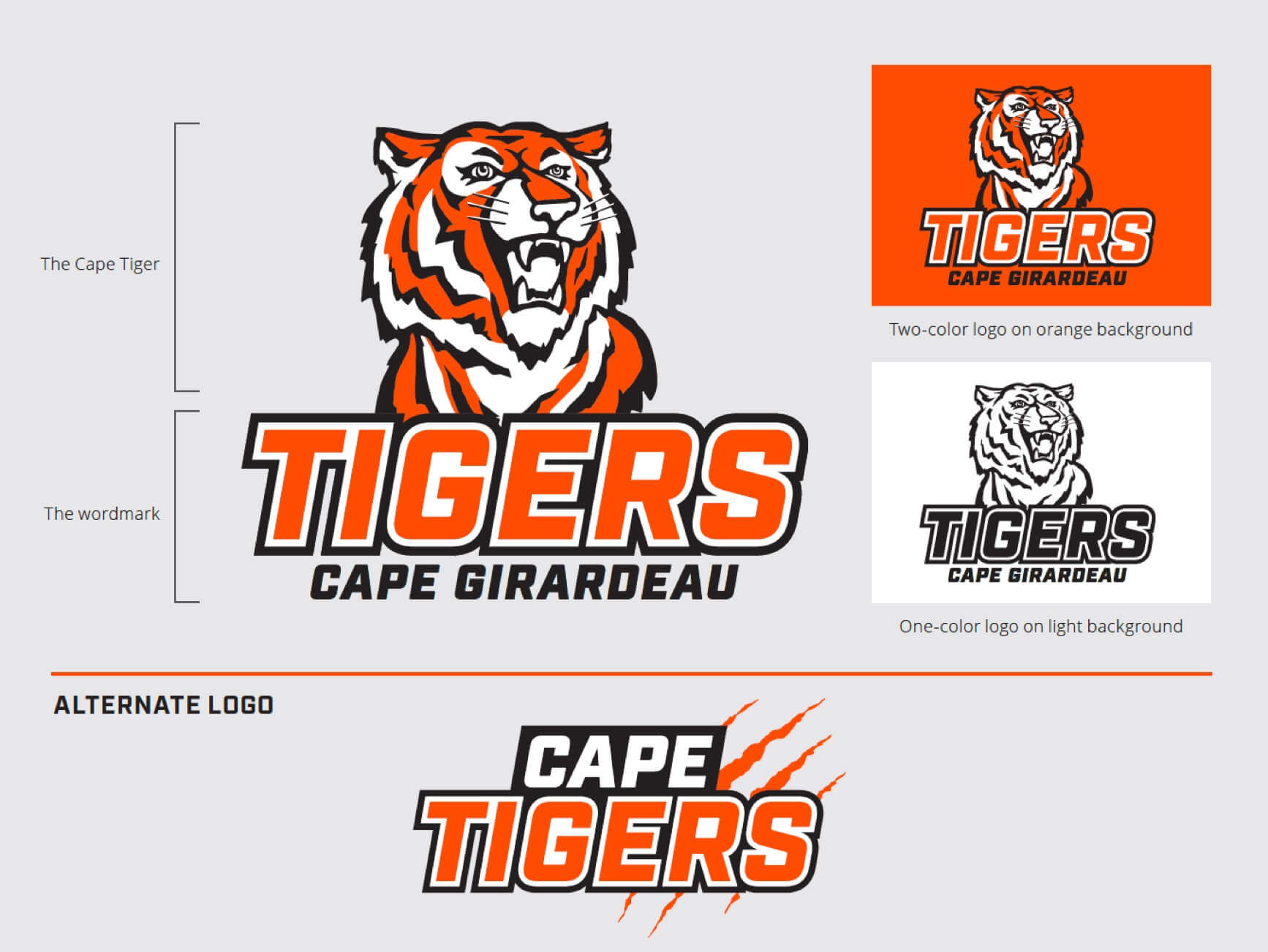 Cape Girardeau Tigers logo sheet with Cape Tiger, wordmark, orange two‑color, black one‑color, and claw‑mark alternate