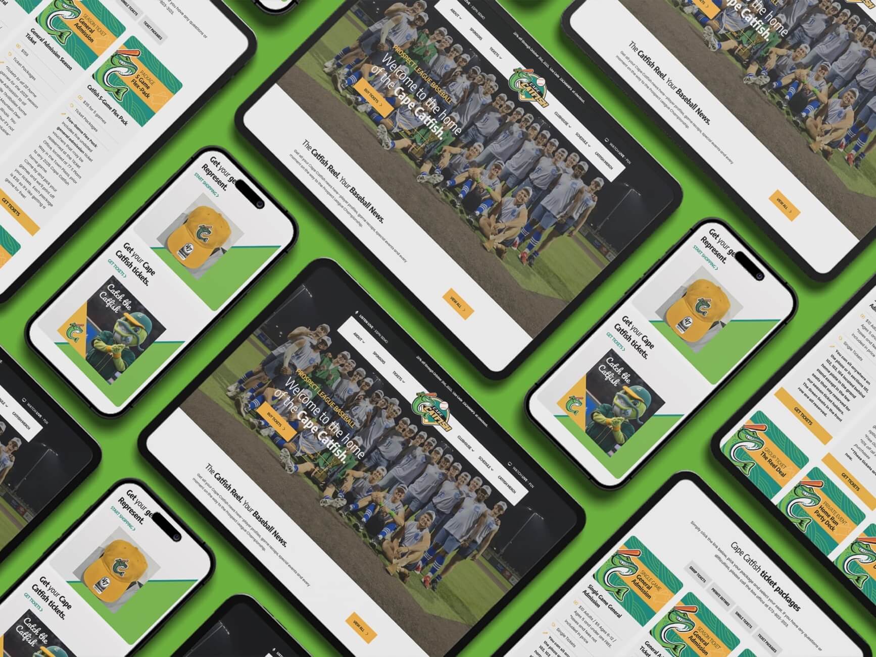 Smartphones and tablets on green background show Cape Catfish baseball site with team photos, ticket packages.