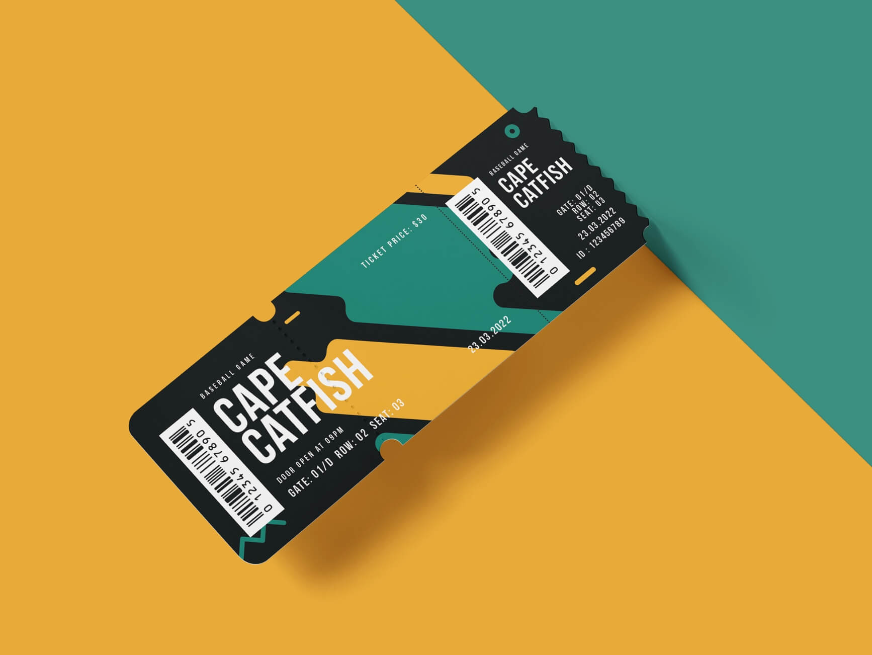 Cape Catfish baseball game ticket, black and teal design, $30 price, barcode, gate 01/D, row 02, seat 03, date 23.03.2022.
