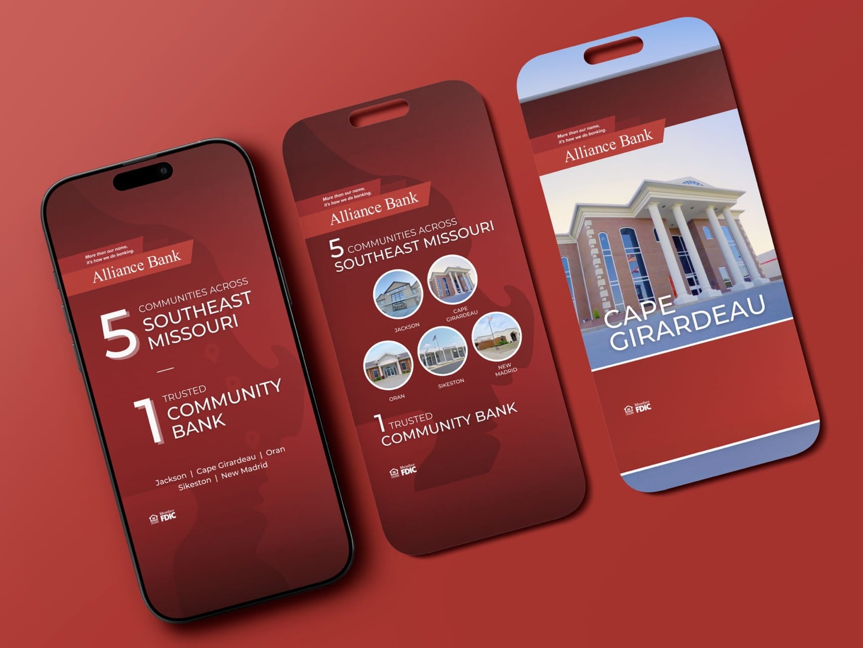 Smartphone and red cards display Alliance Bank branding, 5 SE Missouri communities, and FDIC‑insured community banking.