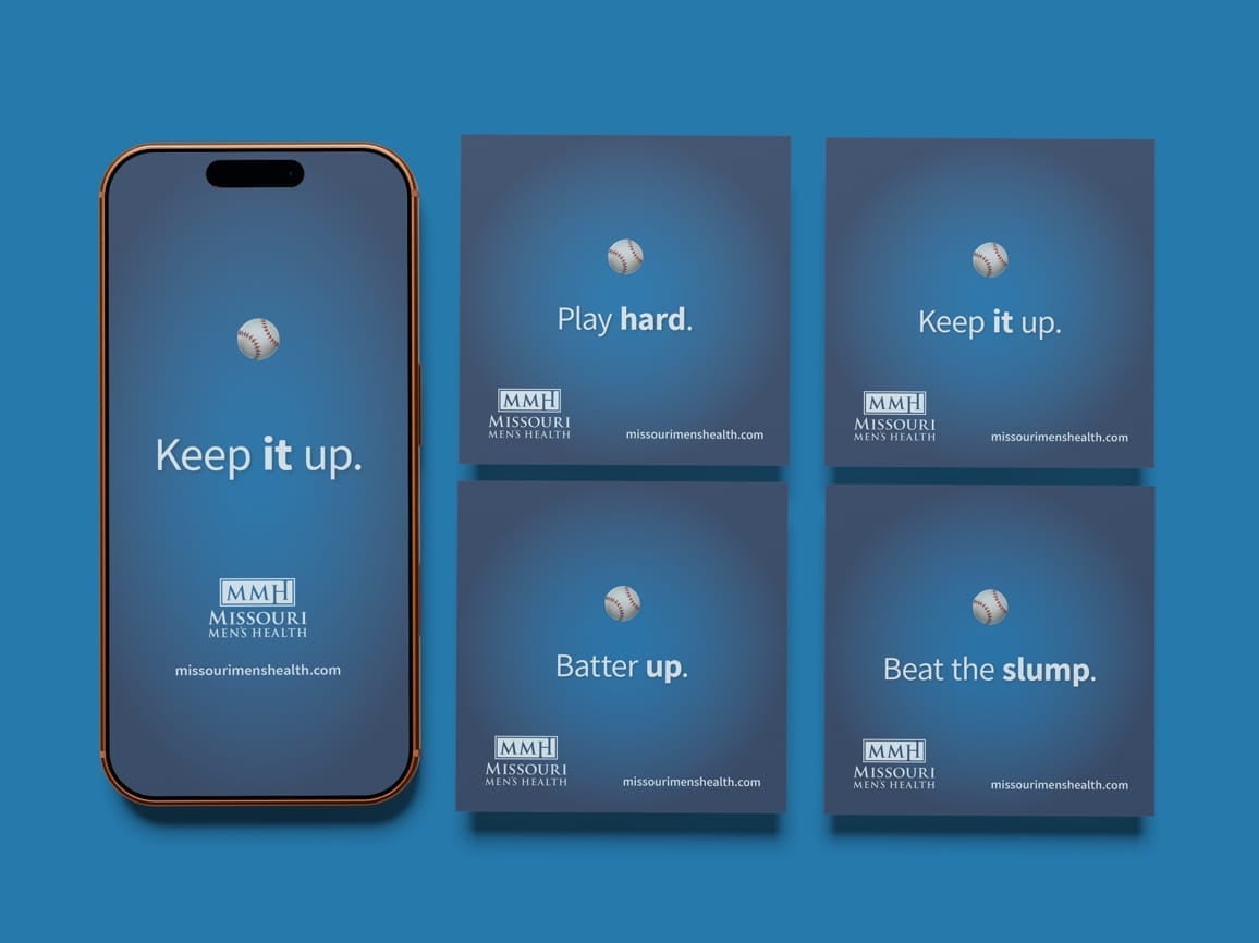 Smartphone shows 'Keep it up.' with baseball icon and Missouri Men's Health logo; four cards display baseballs and slogans en