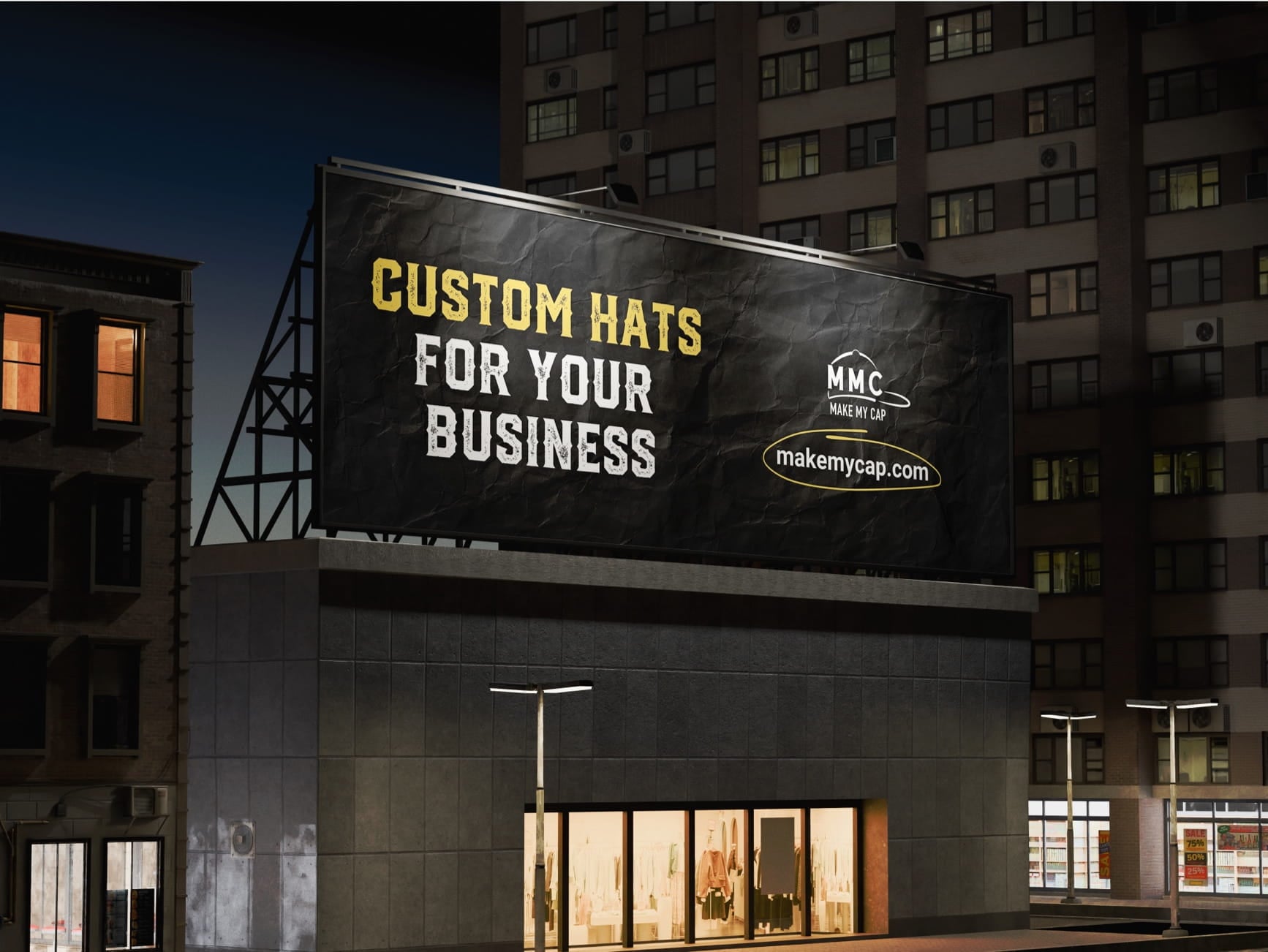 Night city billboard promoting custom hats for business, showing MMC Make My Cap logo and makemycap.com.