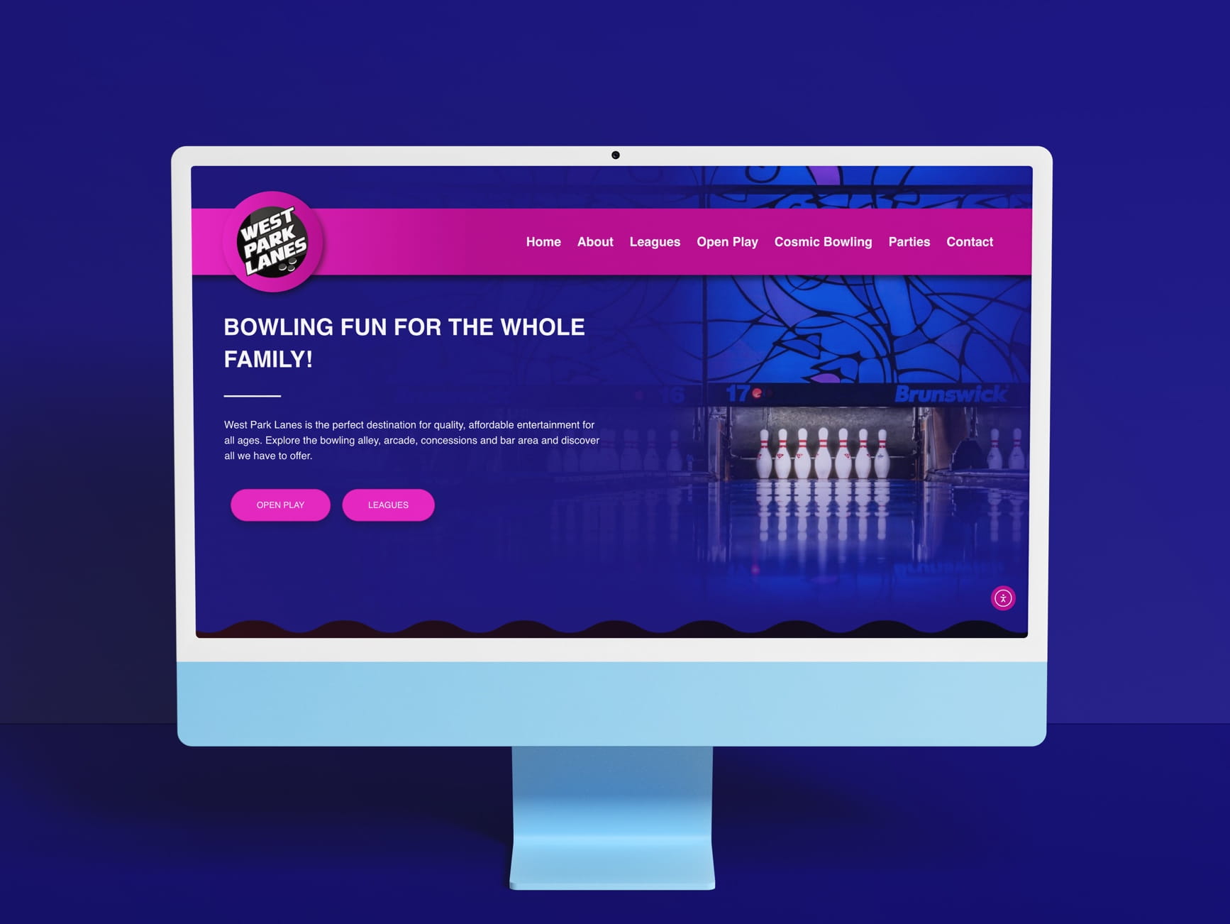 West Park Lanes website with header, 'Bowling Fun for the Whole Family' headline, and Open Play and Leagues buttons.