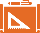 Orange background with black triangular ruler, measurement markings, orange pen above, orange bars like scroll edges.