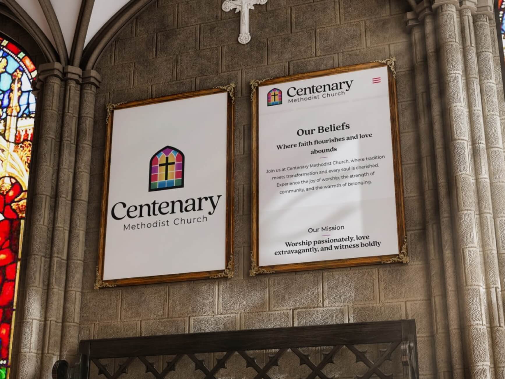 Framed Centenary Methodist Church signs on stone wall show logo and beliefs text, beside a stained glass window.