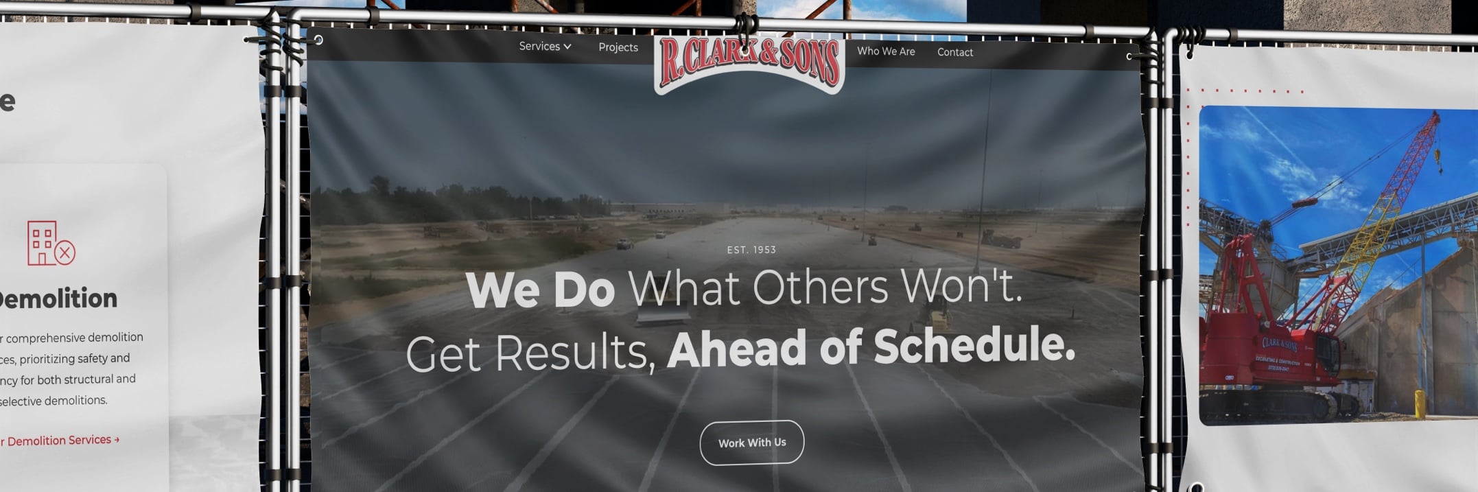 R. Clark & Sons website banner showing demolition services with slogan 'We Do What Others Won't' over construction site image
