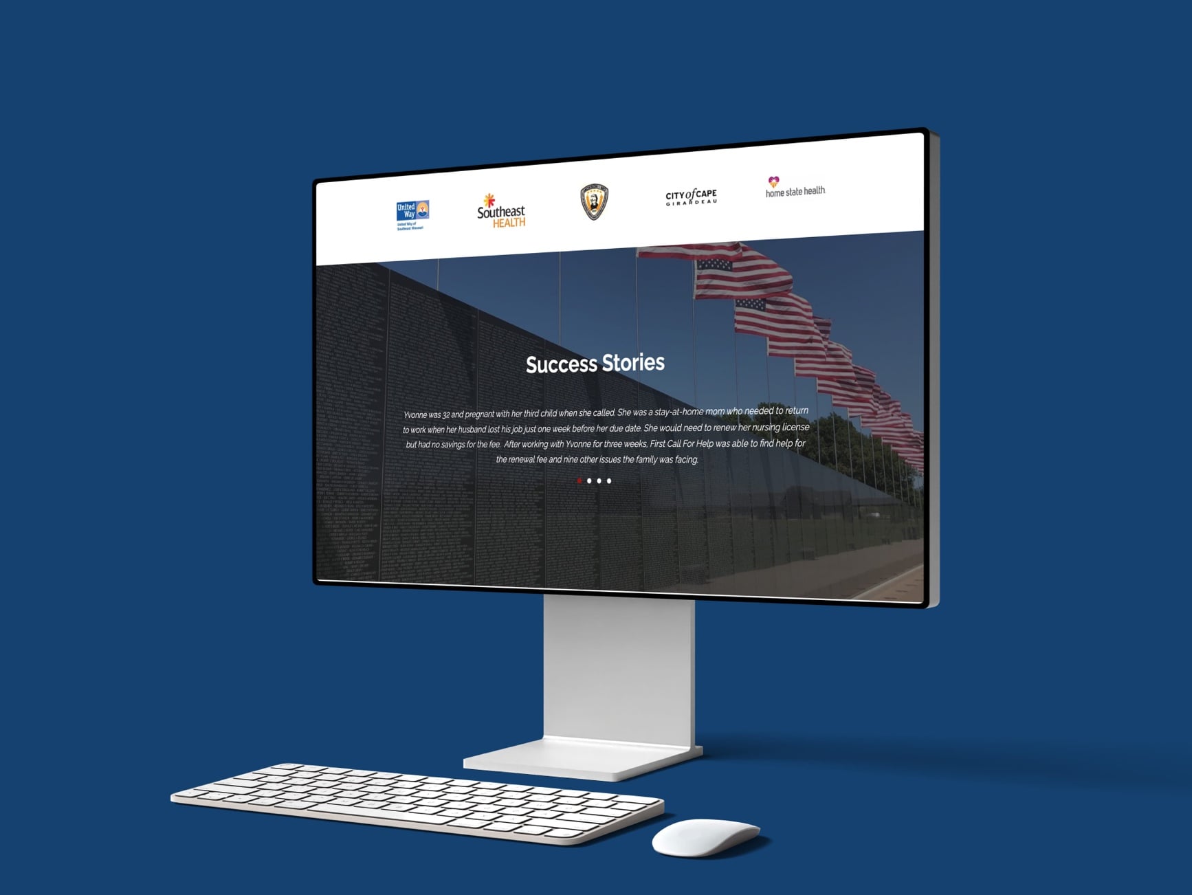 Monitor displaying Success Stories page with sponsor logos, text about Yvonne, and keyboard and mouse.