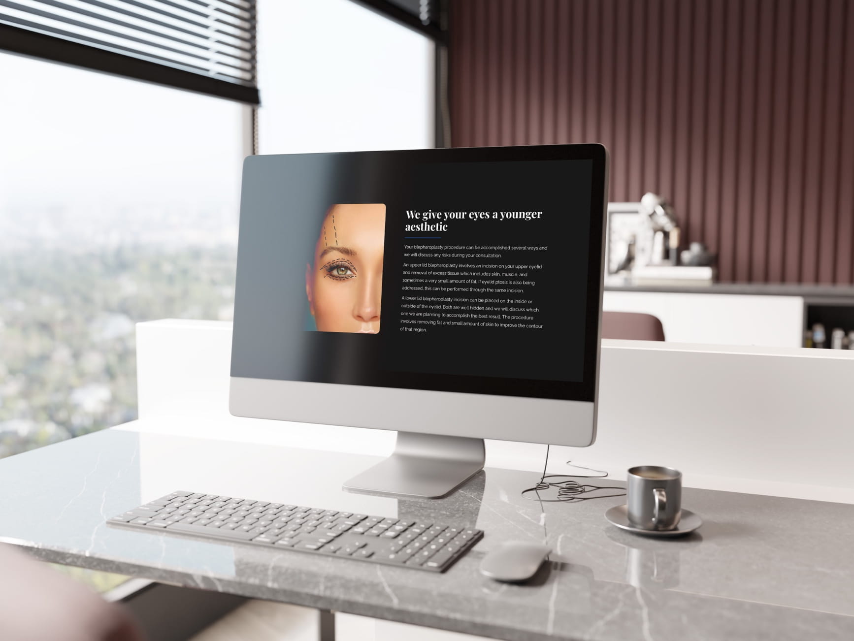 iMac on desk shows blepharoplasty webpage with eye diagram, keyboard, mouse, coffee cup; window with city view.