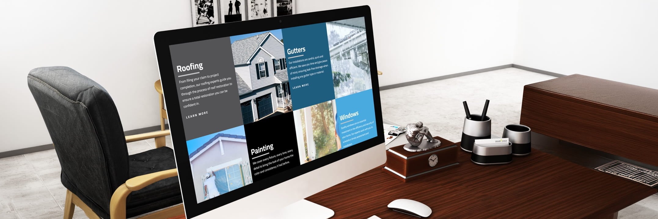 Monitor on desk shows home services website with roofing, gutters, painting and windows, plus office chair.