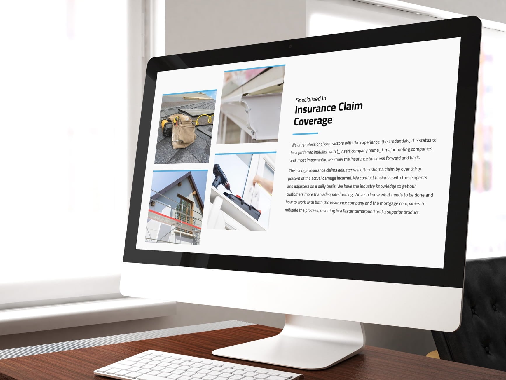 Desktop monitor showing a webpage about insurance claim coverage with photos of roofing tools and home repair.