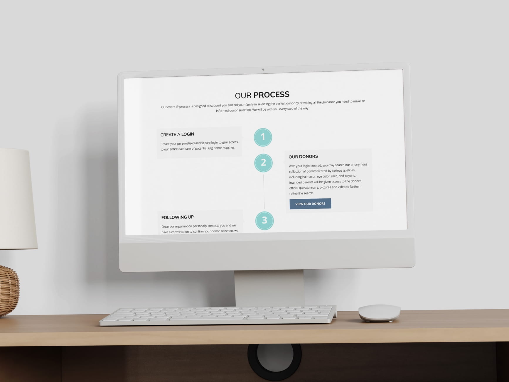 Monitorshows 'OUR PROCESS' webpage with 3 steps: create login, view donors, follow up.