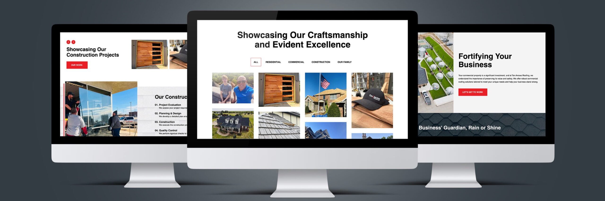 Three monitors showing website pages with construction project photos, craftsmanship, and roofing services for clients.