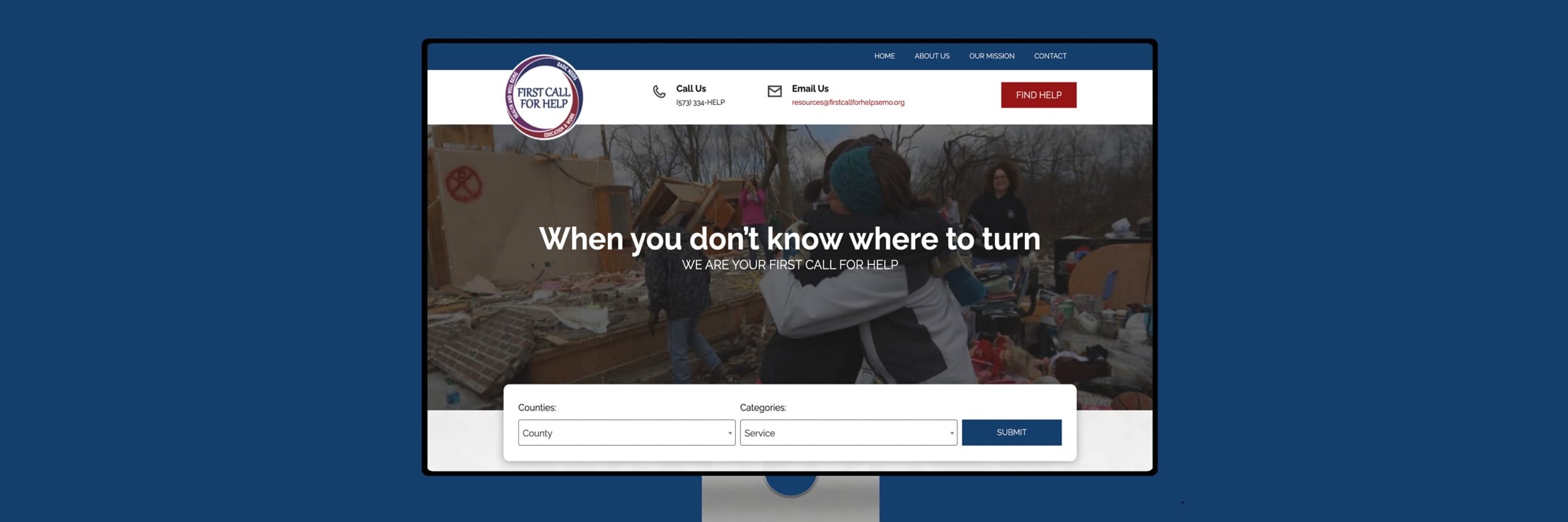 Screenshot of First Call For Help website with hero banner, contact info, and a county and service search form.