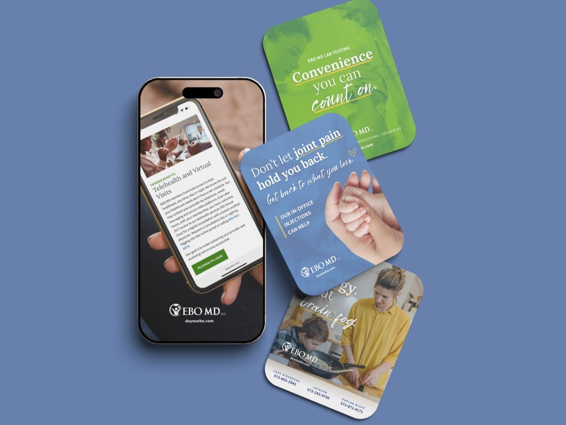 Phone shows EBO MD telehealth page; cards advertise lab testing, joint pain injections, brain fog care, and doctor contacts.