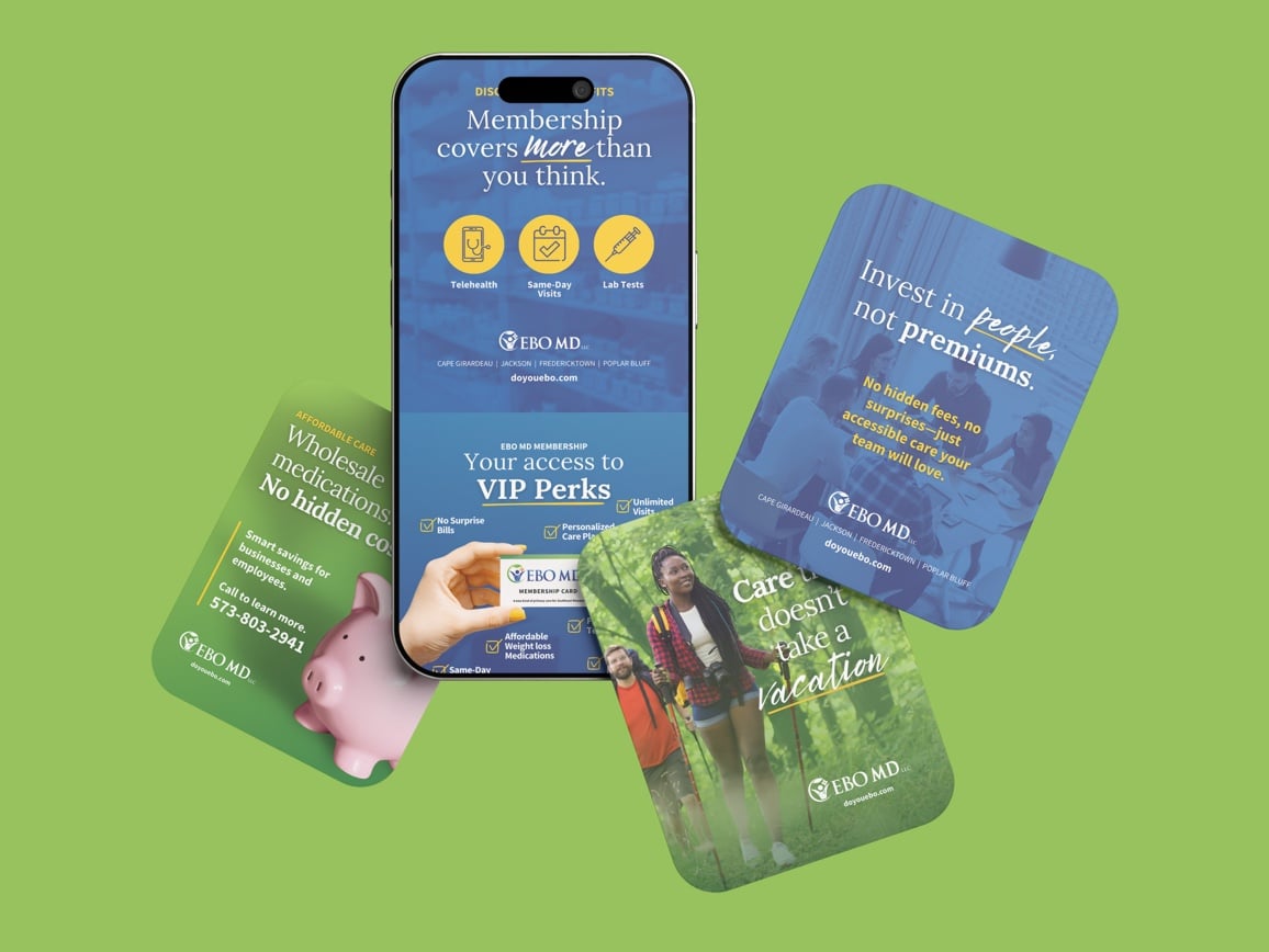 Smartphone shows EBOMD app with VIP perks, surrounded by four green cards promoting health savings and no hidden fees.