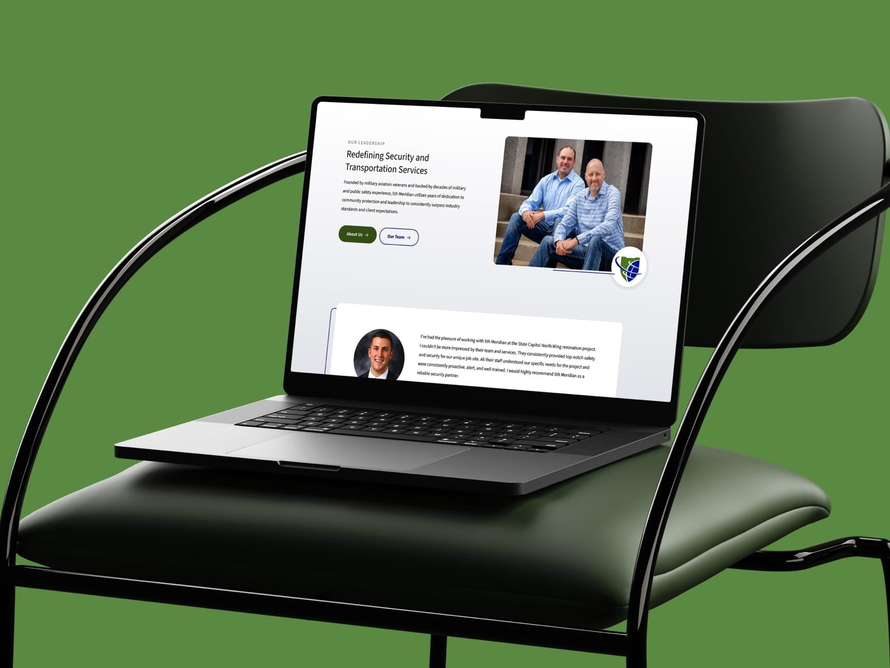 Laptop on black chair showing a security and transportation services website with leadership photos.