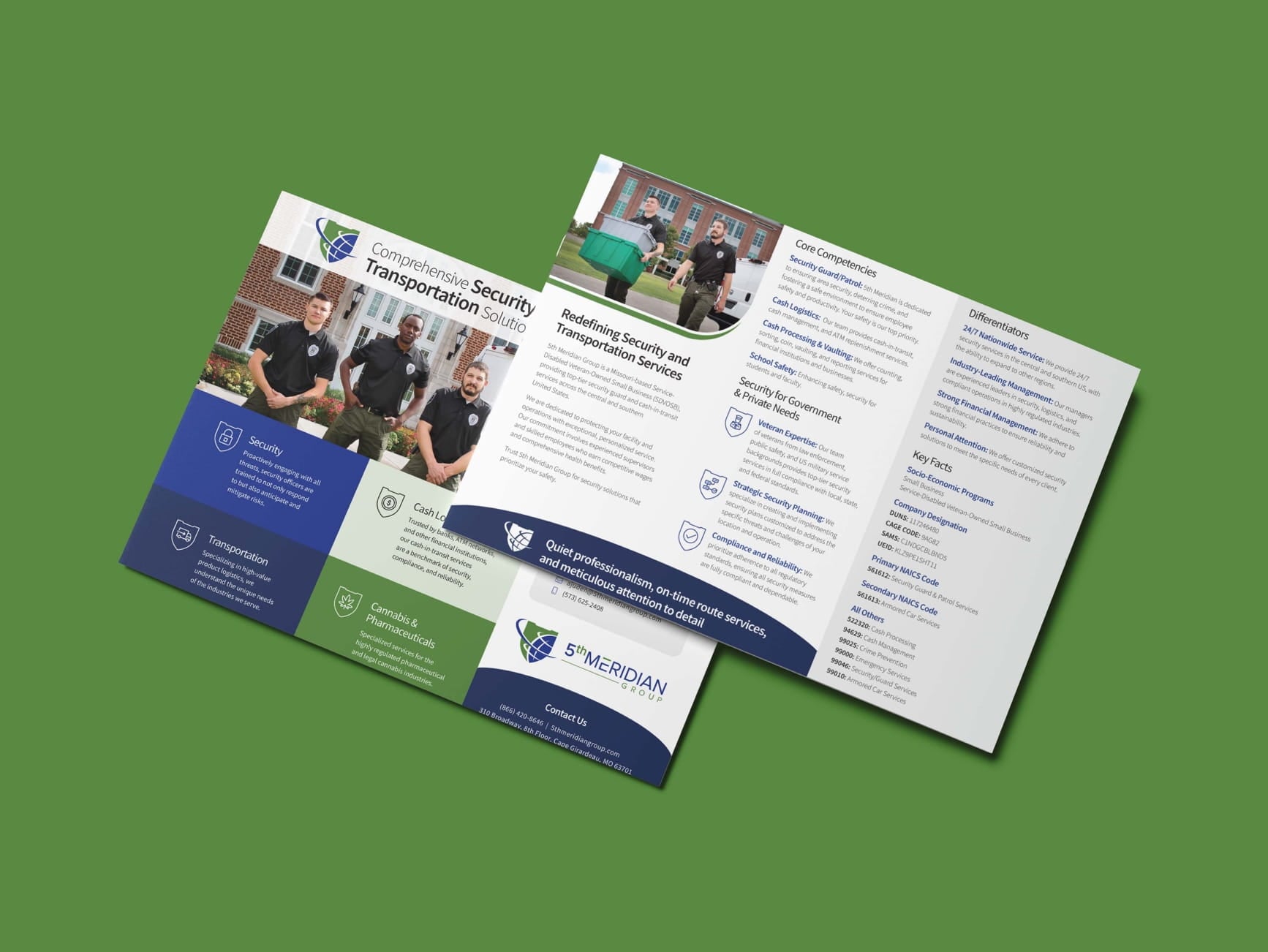 5th Meridian Group tri-fold brochure displaying security and transportation services, staff photos, and contact details.