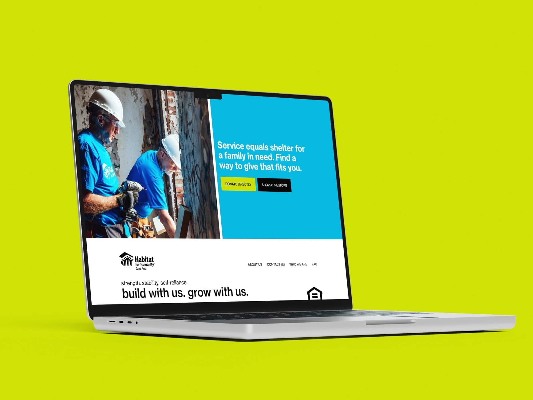 Laptop showing Habitat for Humanity Cape Area site with construction workers, blue banner, donate and shop buttons.