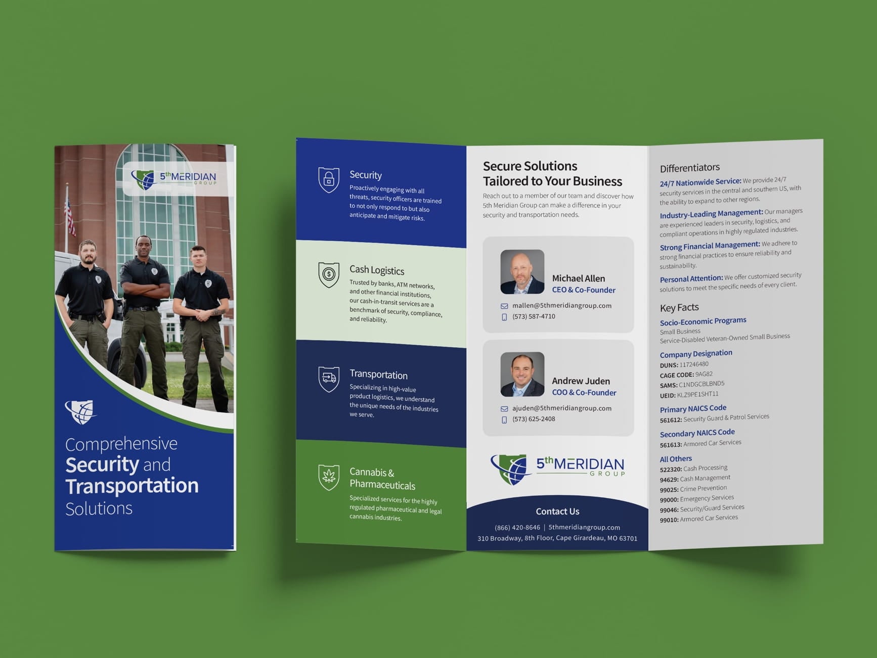 5th Meridian Group brochure with security officers, services: security, cash logistics, transport, cannabis, differentiators