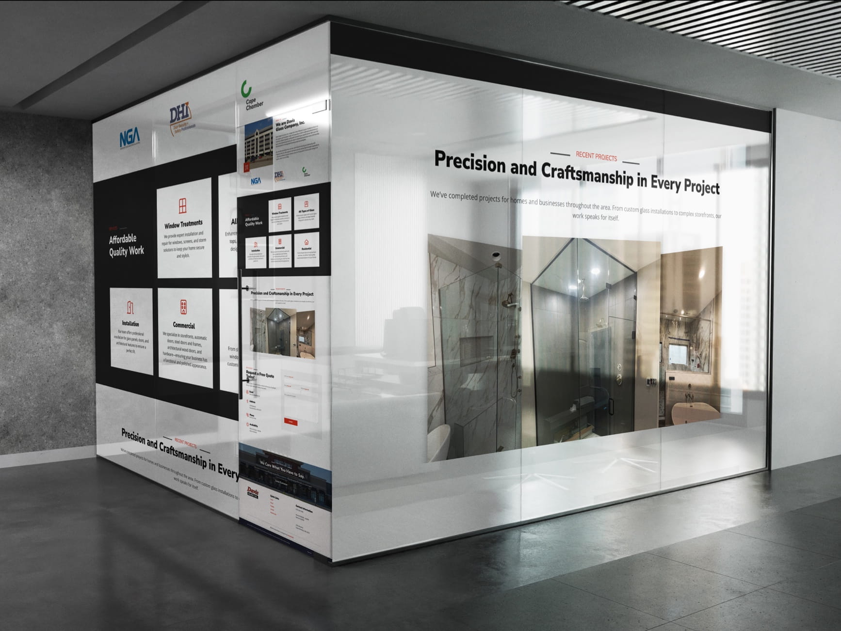 Glass office display showing Davis Glass Company website with precision craftsmanship, recent projects, and services