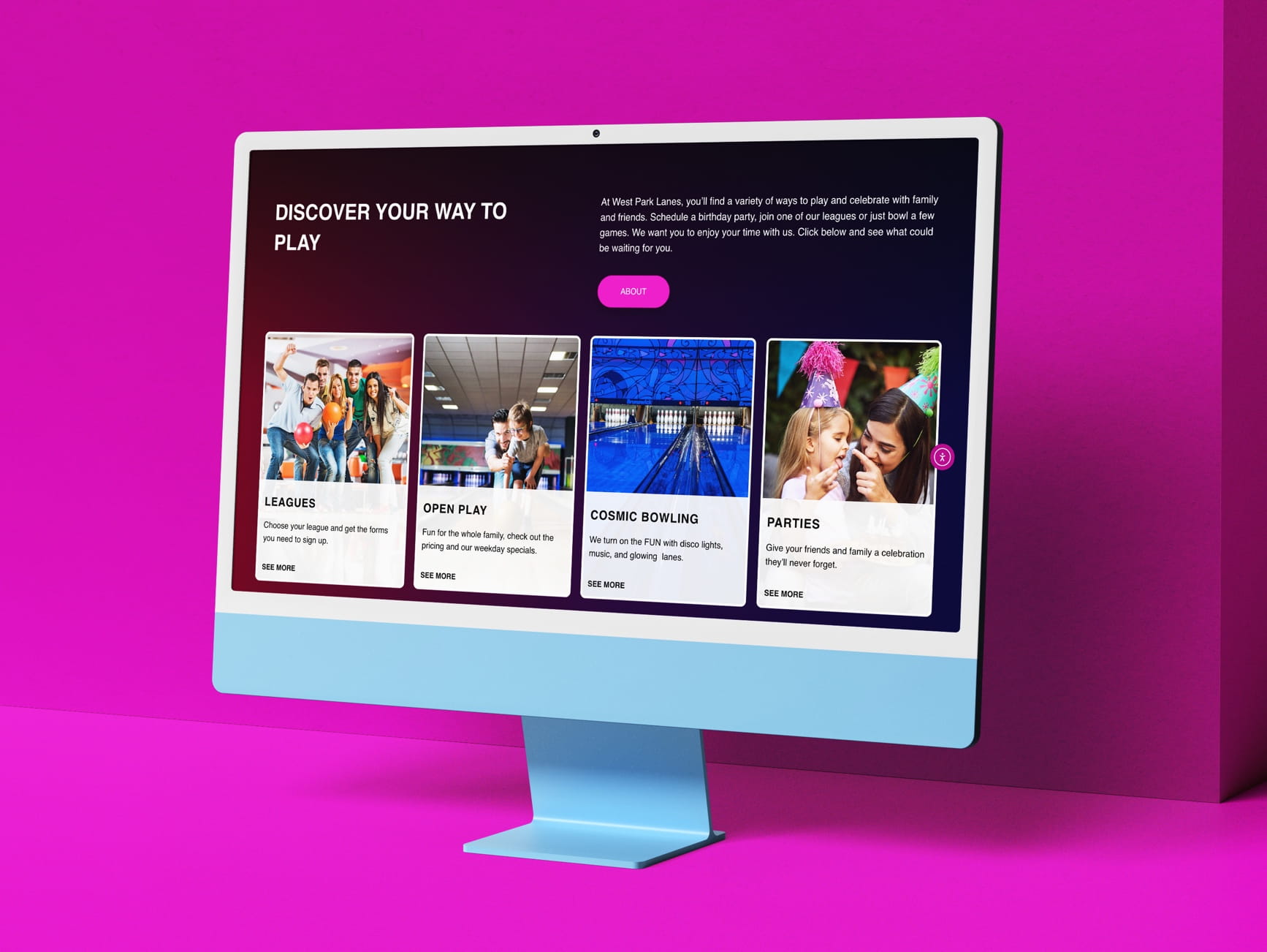 Monitor shows West Park Lanes website with leagues, open play, cosmic bowling, and parties options on a purple background.