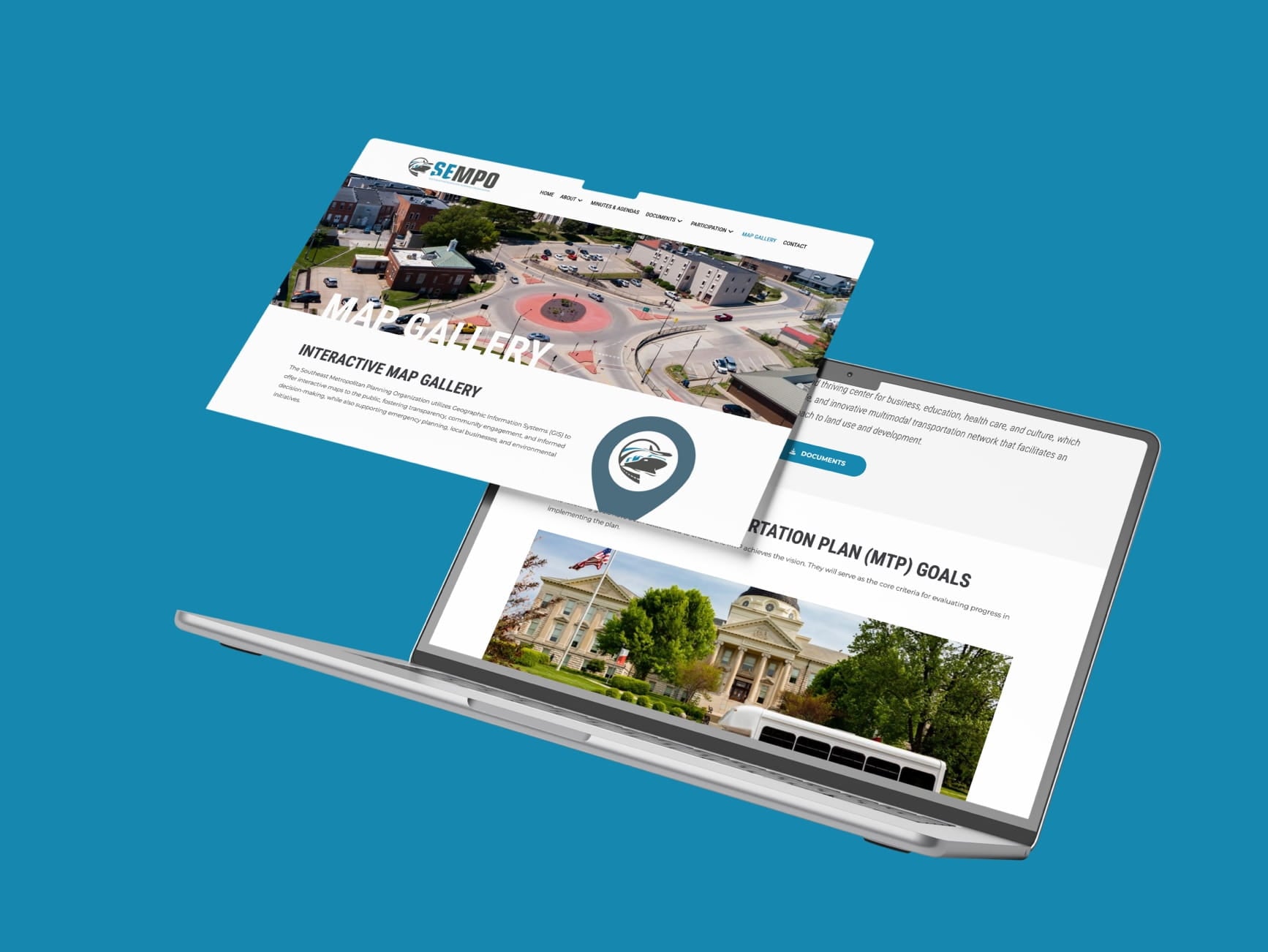 Laptop displaying SEMPO website with interactive map gallery and transportation plan goals, city view and image.