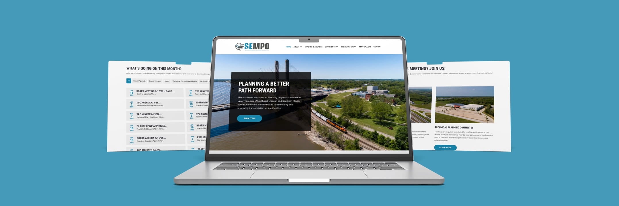 Silver laptop showing SEMPO website homepage with agenda, meeting details, and a banner about planning a better path forward.