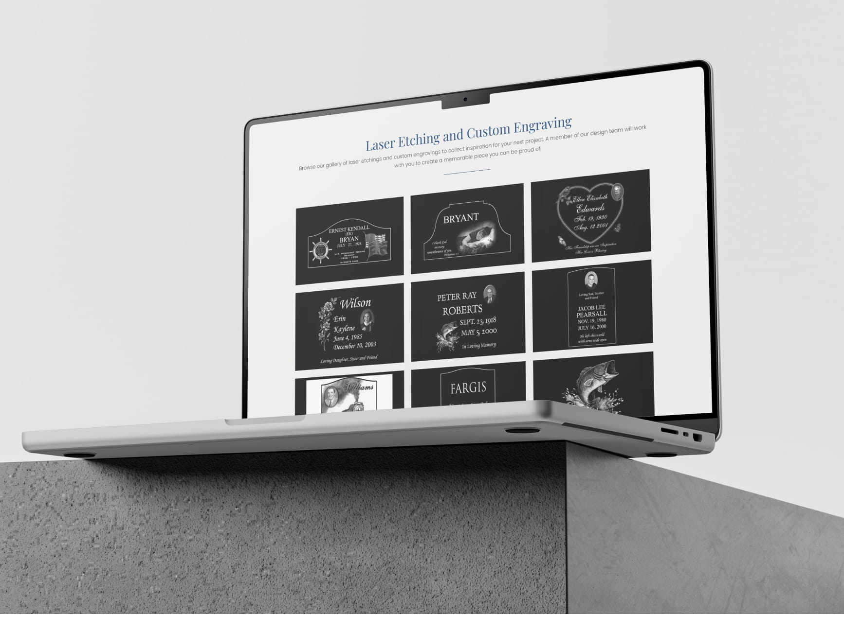 Silver laptop displays 'Laser Etching and Custom Engraving' page with engraved memorial plaques and headstones.