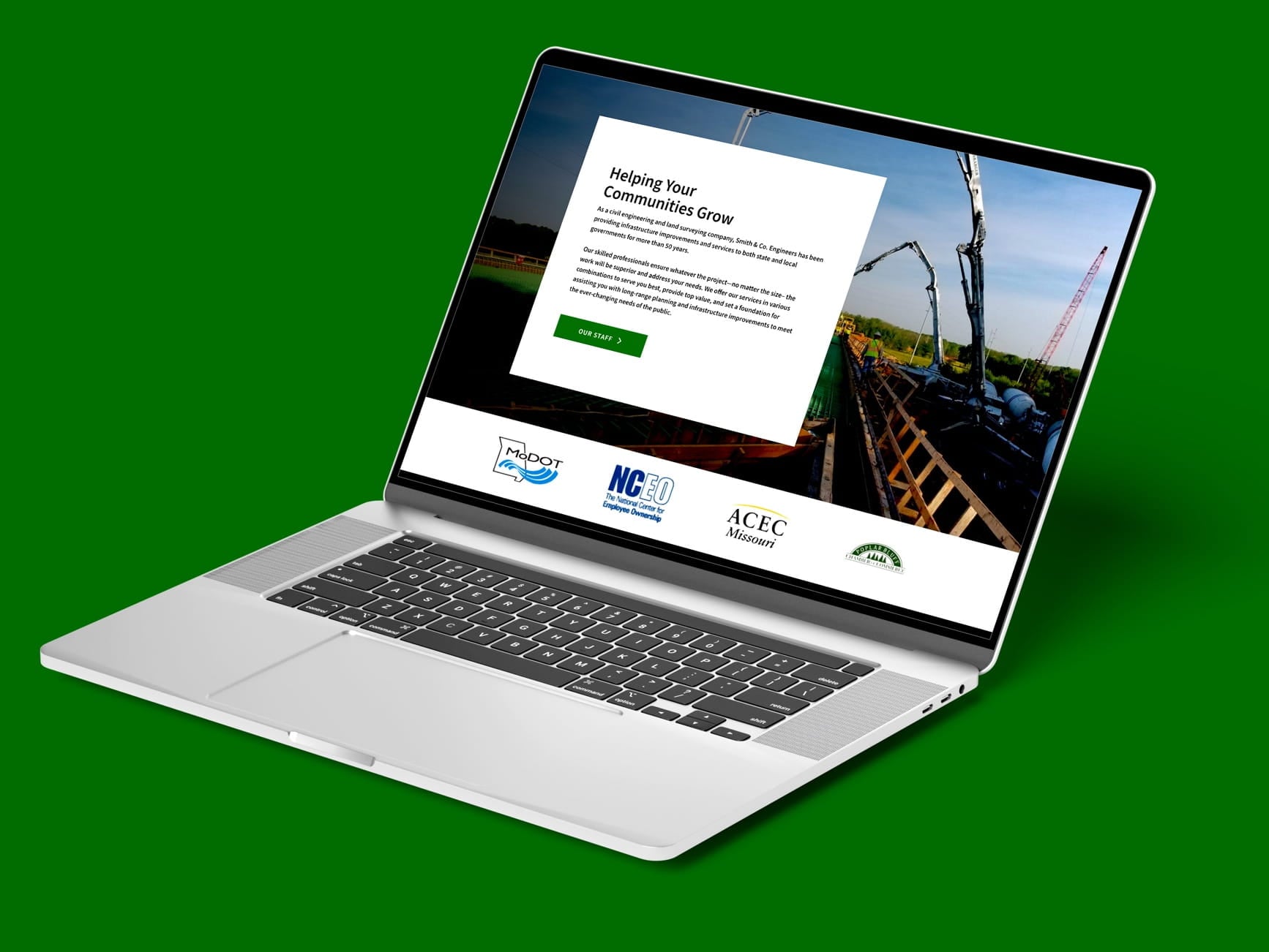 Website on a laptop screen with 'Helping Your Communities Grow' headline and partner logos like MoDOT, NCEO, ACEC Missouri.