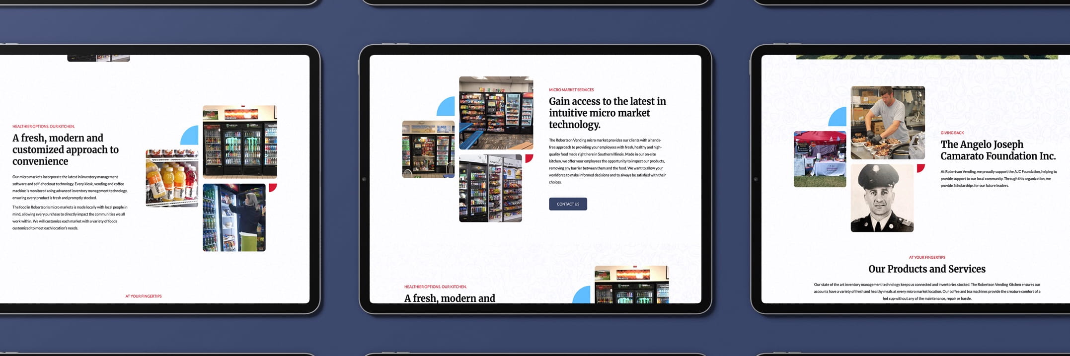 Three tablets display website pages about micro market services, featuring vending units, foods, and a foundation photo.