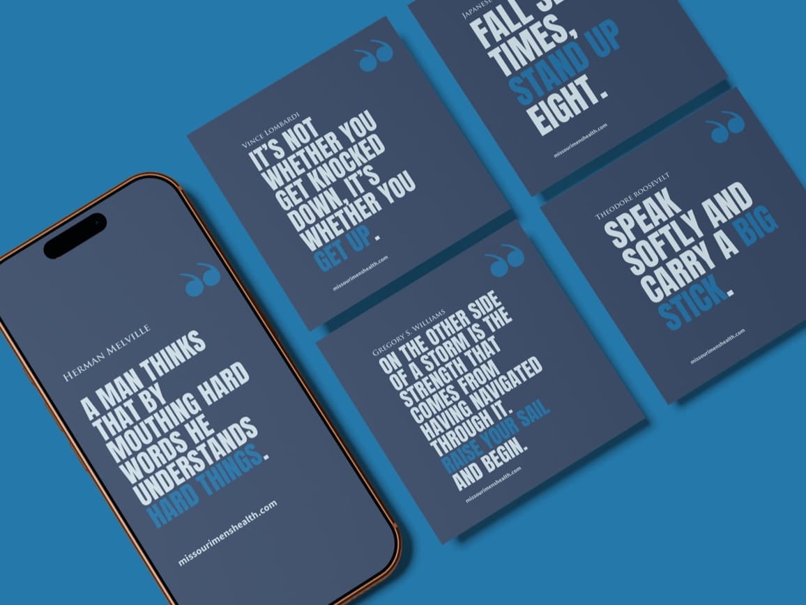 Smartphone displays Herman Melville quote; cards show motivational quotes from authors and missourimensionshealth.com.