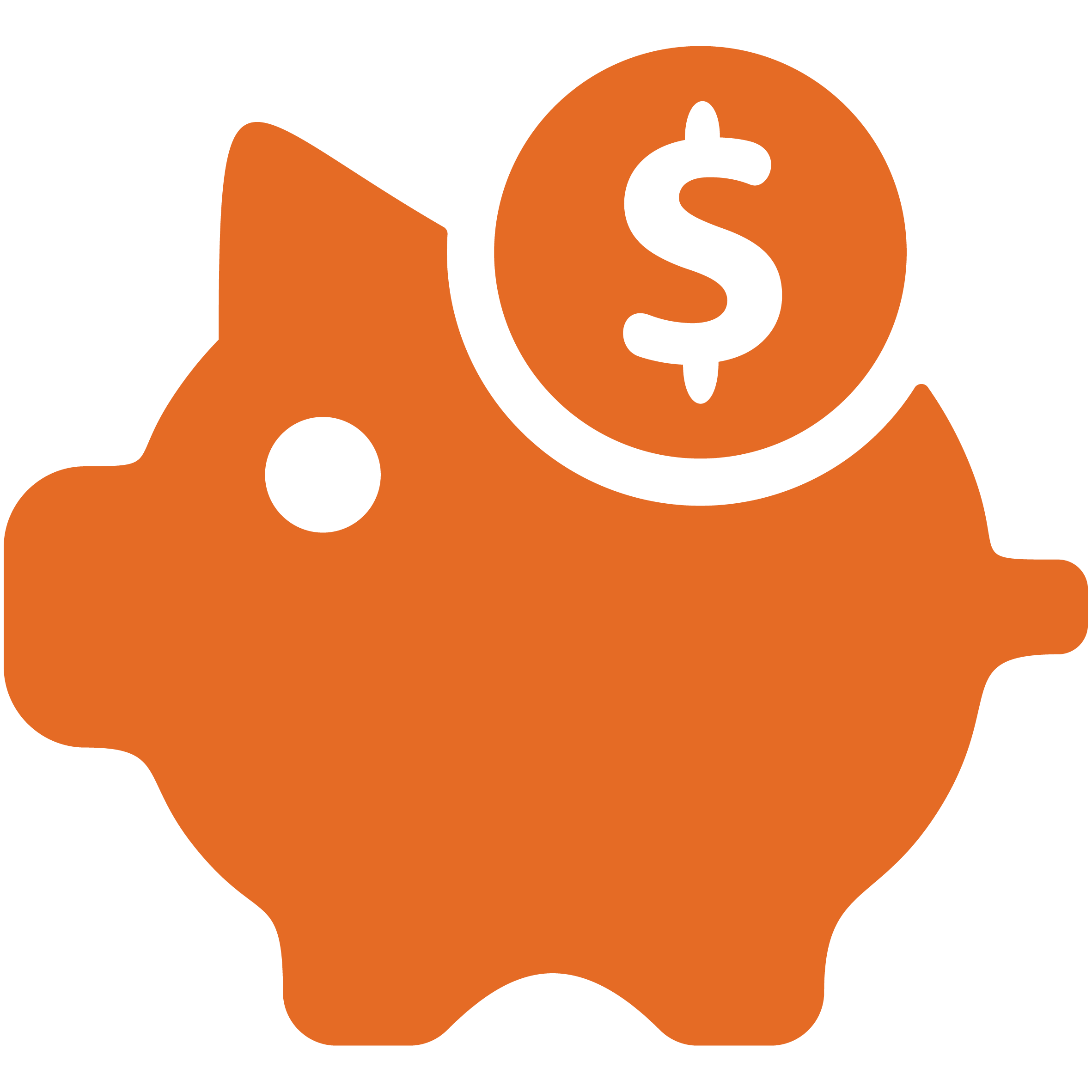 Orange piggy bank icon with a coin showing a dollar sign, representing savings and finance