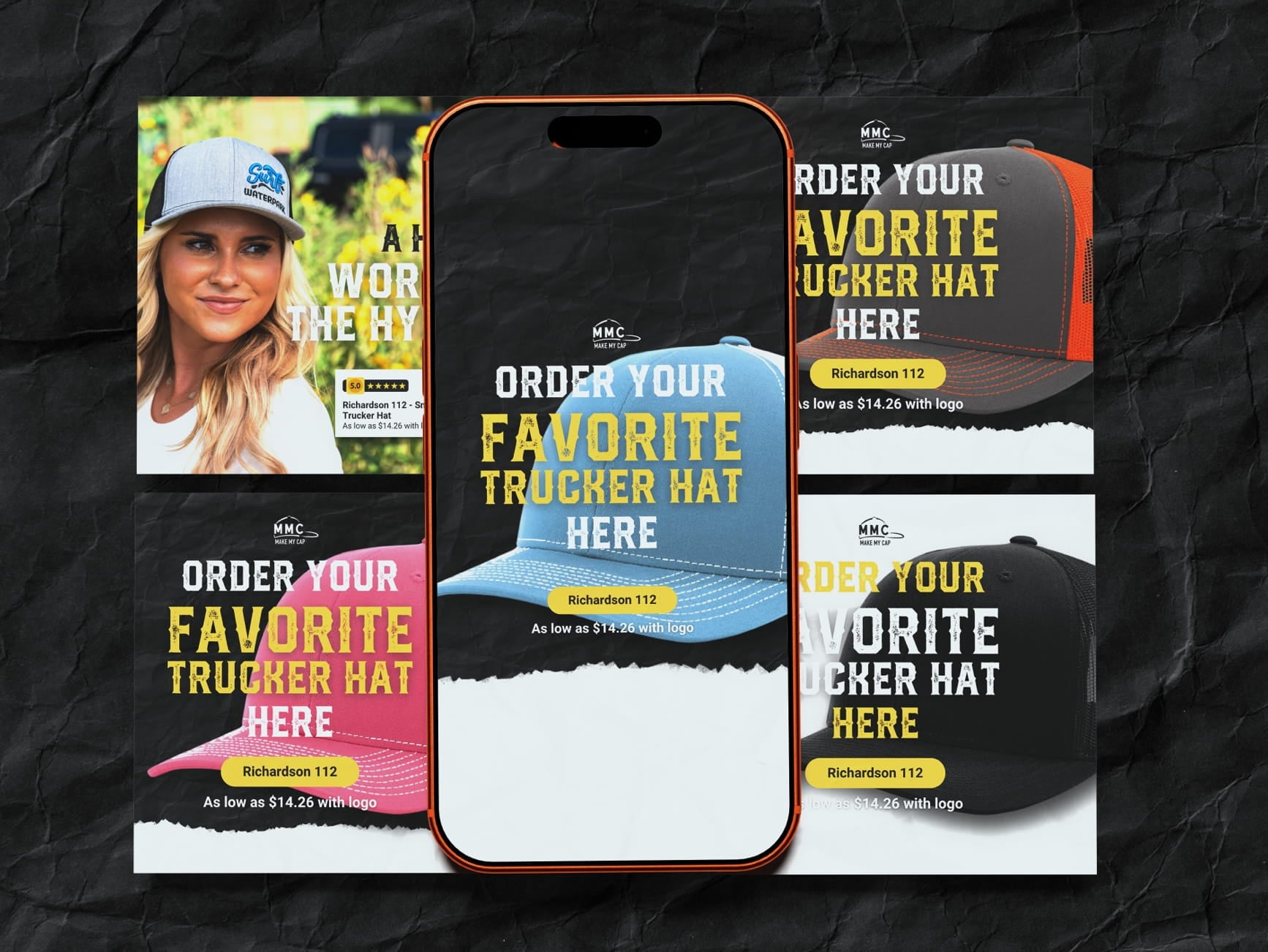 MMC Make My Cap Richardson 112 trucker hats in blue, pink, black, gray with orange brim, $14.26, shown on phone and posters.