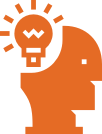 Orange silhouette of a human head with a glowing lightbulb inside, symbolizing ideas and creativity