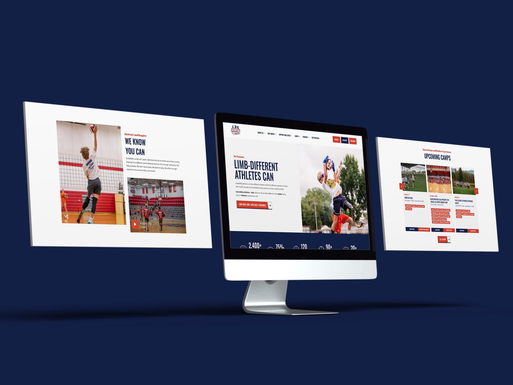 Monitor and two floating pages show a sports site with limb-different athlete images, stats and upcoming camps.