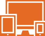 Pixelated orange illustration of a desktop monitor flanked by two smaller screens, representing a multi‑device setup.