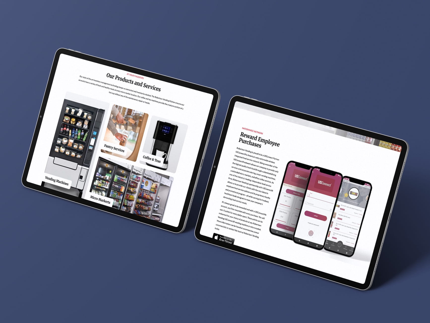 Two tablets show Vending site with vending machines, pantry services, coffee, micro markets and USConnect reward app.