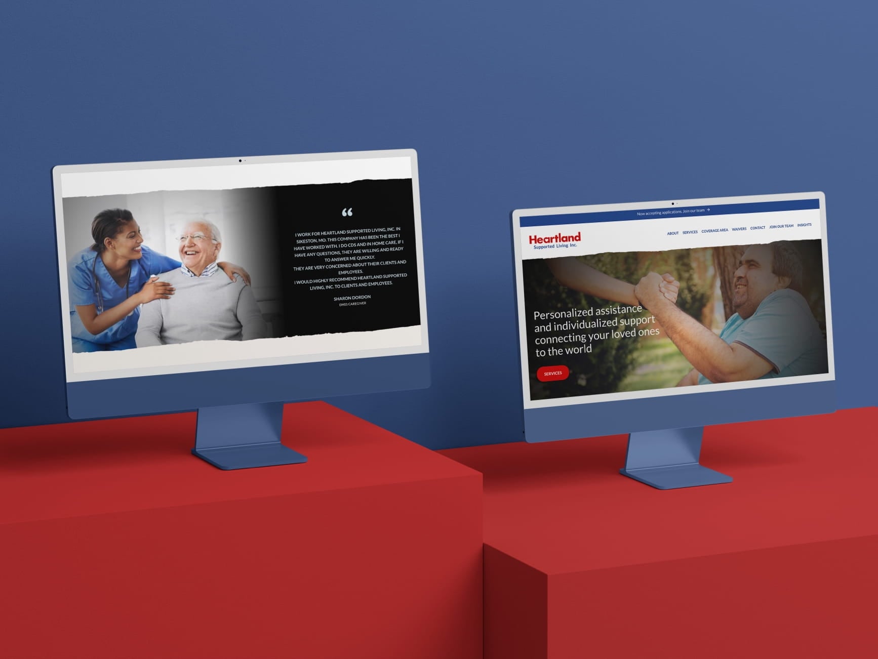 Two monitors show Heartland Supported Living website: left caregiver testimonial, right homepage with logo and handshake.