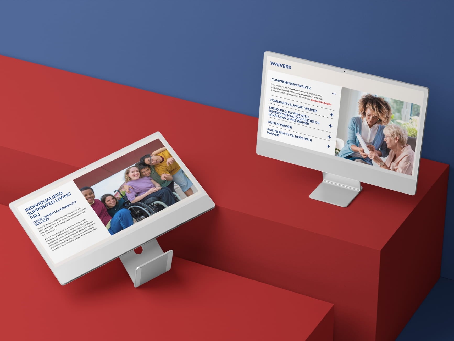 Two monitors on red platforms show web pages about disability services and waivers, with people with disabilities.