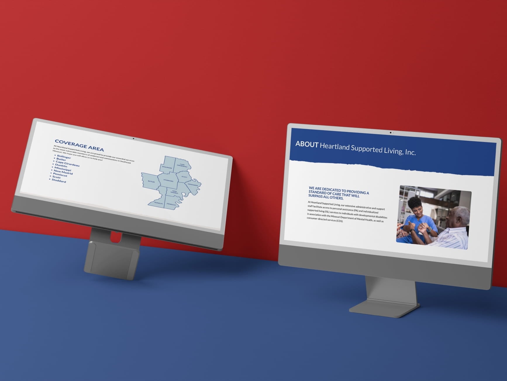 Monitors display Heartland Supported Living coverage map and About page with caregiver photo.