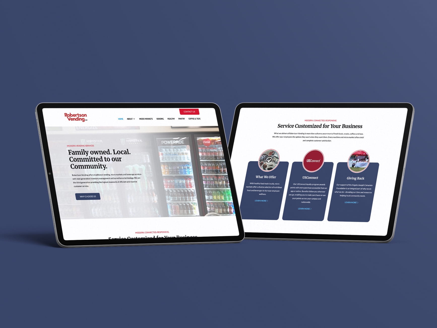 Two tablets show Robertson Vending website pages with modern vending services and family-owned branding.
