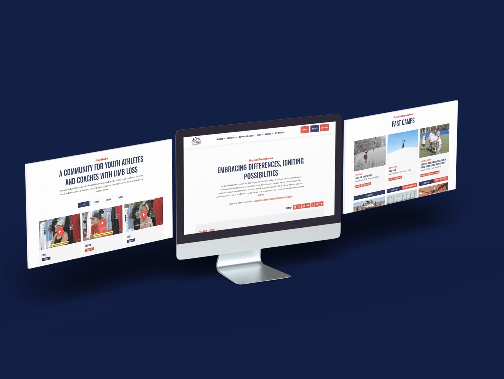 Three screens display website pages about a community for youth athletes with limb loss, embracing differences, and past camp
