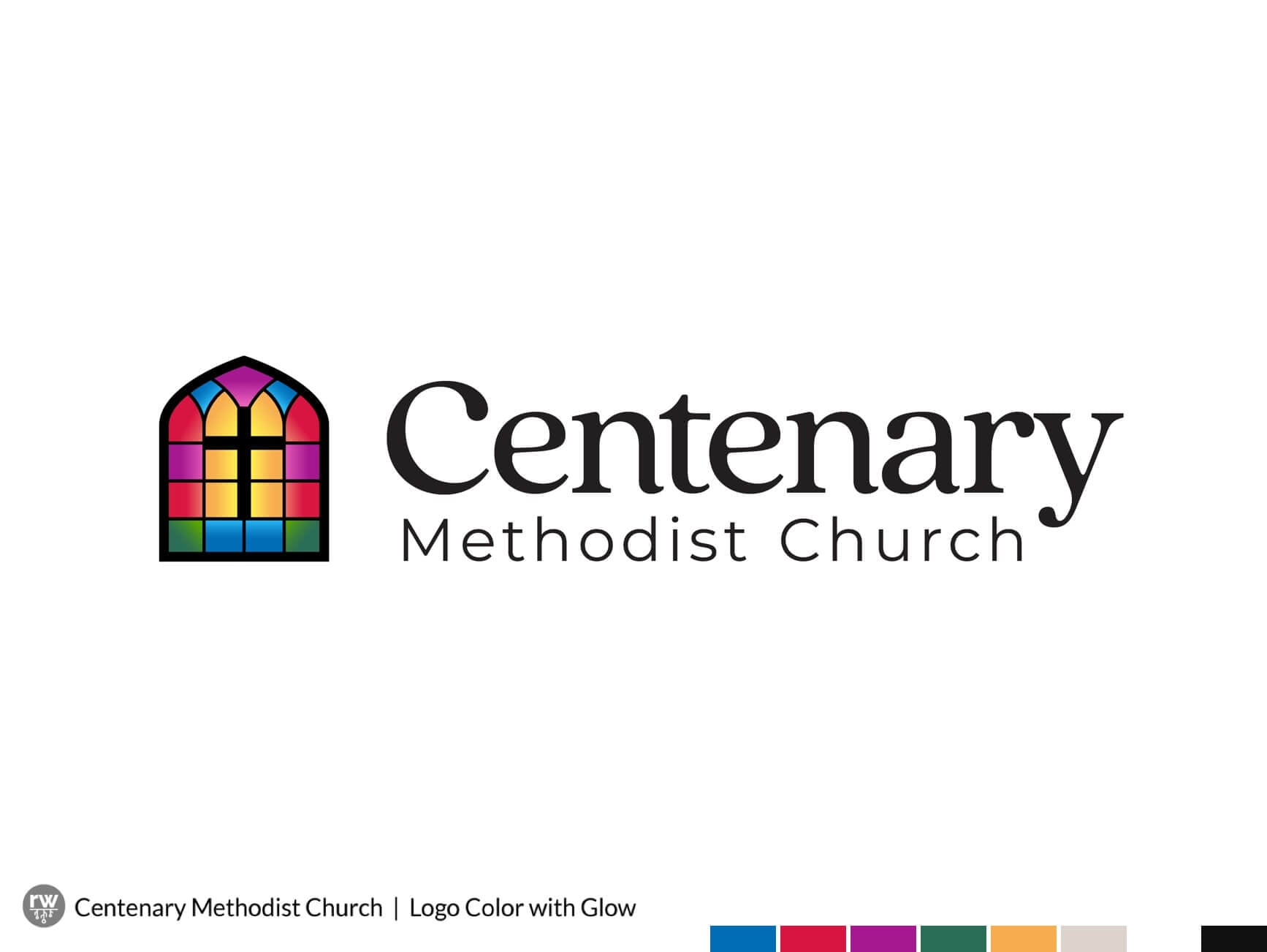 Centenary Methodist Church logo featuring a colorful stained‑glass window with a cross, black text, and a glow effect.