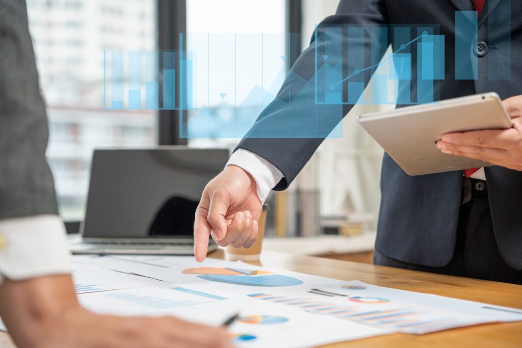 Manager present information benefits for management. financial data analysis and market growth report chart. analyzing, Planning Strategies, startup project, profitable strategy, Business meeting time