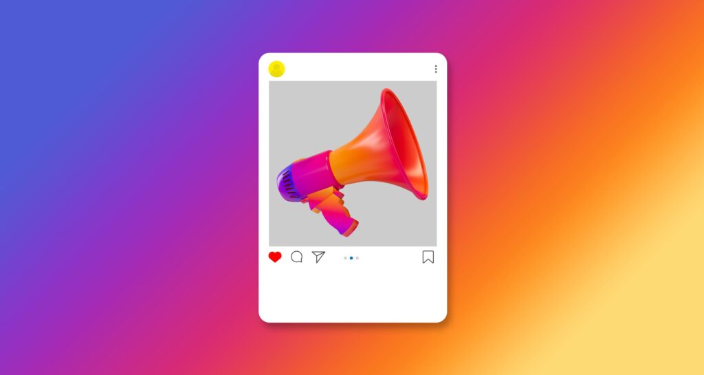 Gradient megaphone in a social media post frame, showcasing vibrant colors on a colorful background.
