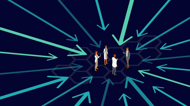 Four professionals in a hexagon as teal arrows radiate outward on dark blue, showing collaboration and data flow.