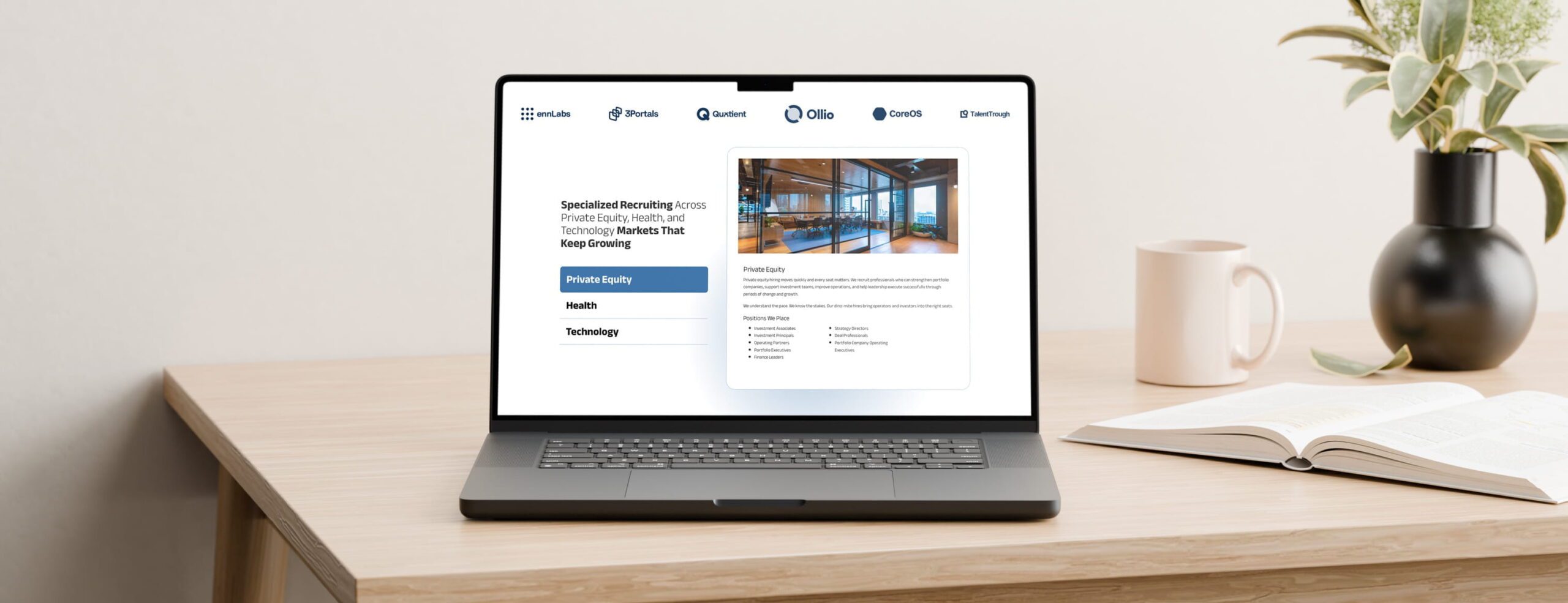 Laptop displaying a website for specialized recruiting in Private Equity, Health, and Technology markets.