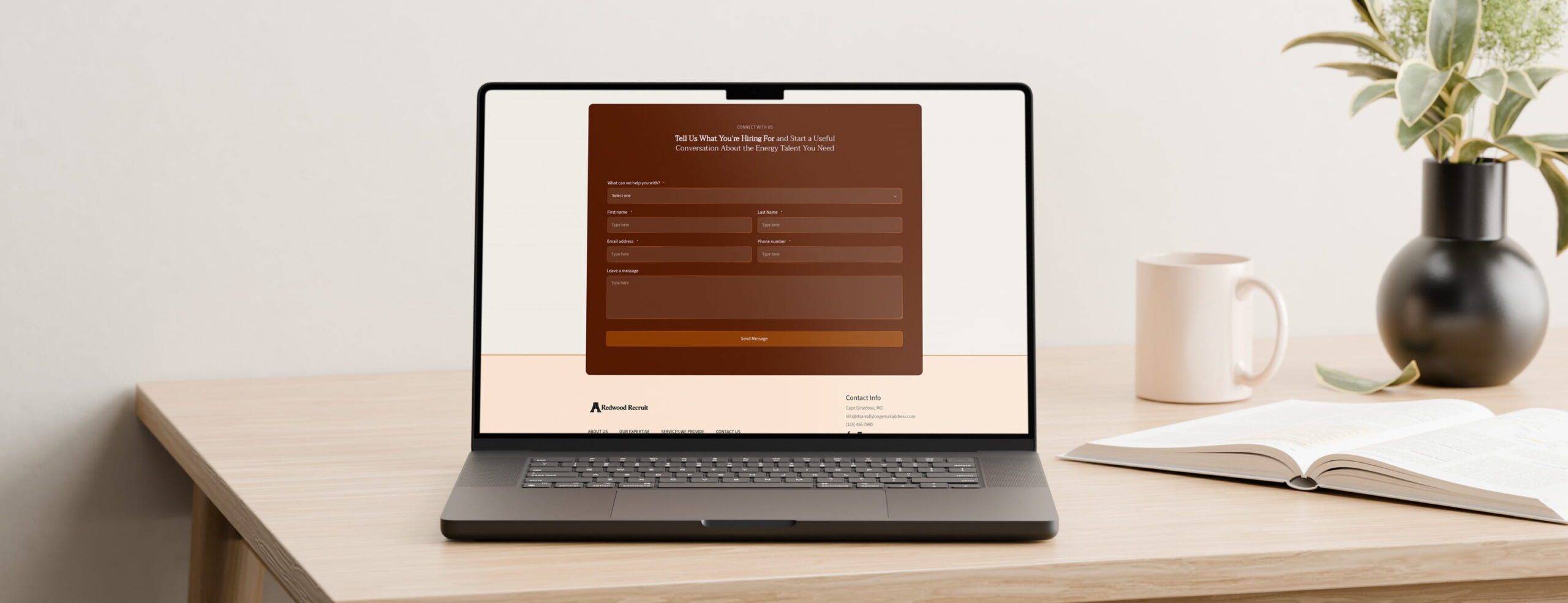 Laptop screen displaying a contact form for Redwood Recruit, asking users to "Tell Us What You're Hiring For."